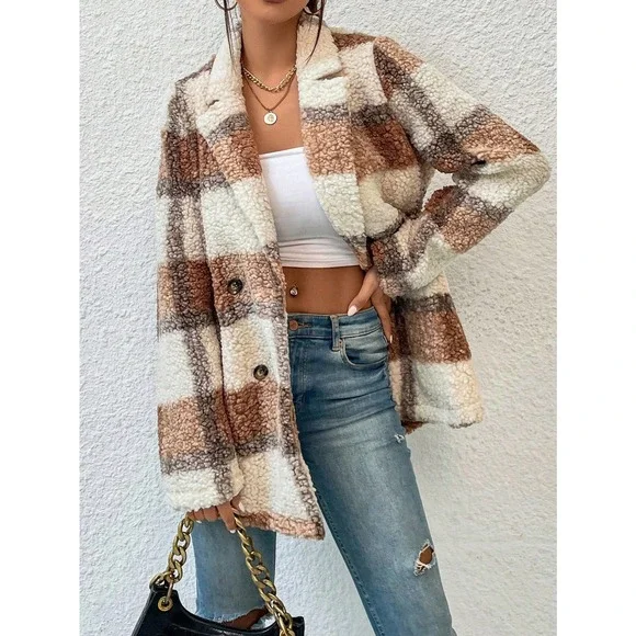 Plaid Double Breasted Teddy Coat boho preppy tan brown - Picture 4 of 5